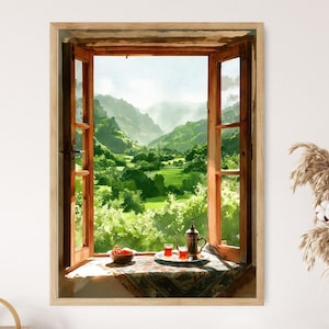 May include: Watercolor painting of a scenic landscape viewed through an open wooden window. The artwork depicts lush green mountains and valleys. A tray with tea and fruit sits on a table near the window. The painting is framed in a light brown wooden frame.