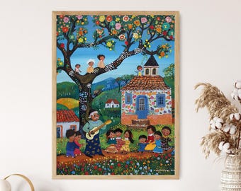 Portuguese Folklore Storytelling Art Print, Cozy Village Setting