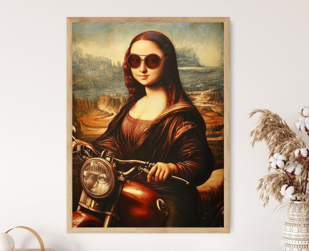 Mona Lisa on Motorcycle Art Print, Quirky Renaissance Pop Art
