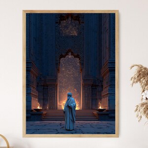 May include: A framed print depicts a figure in a blue robe standing before a grand archway. The scene is illuminated by fire and a starry background. The artwork is set in a stone structure with steps and decorative elements.