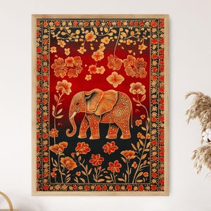 Sri Lankan Batik Art Print, Elephant and Floral Fabric Poster, Heritage Textile Decor