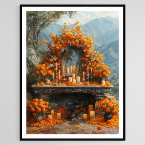 Tableau d&#39;autel du jour des morts souci, Ofrenda, impression d&#39;art de décorations traditionnelles, essence culturelle et décor artistique détaillé