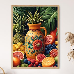 Agua Fresca Art Print, Traditional Clay Jarra with Otomi Patterns and Tropical Fruit