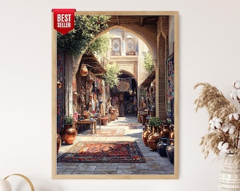 May include: A framed print of an outdoor market scene. The image features a long, arched walkway lined with shops displaying rugs, textiles, and decorative items. The color palette includes warm tones of red, brown, and gold, with a "Best Seller" tag in the upper left corner.
