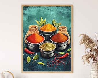 Colorful Indian Spice Market Scene, Turmeric and Chili Poster