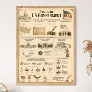 May include: A rectangular educational poster titled Basics of US Government with a beige background. It features illustrations of the US Capitol, the American flag, a map, the Constitution, and diagrams explaining the three branches of government.