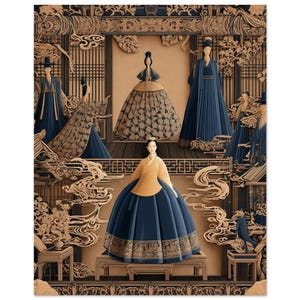 Op de afbeelding: Een artistieke print met verschillende figuren in traditionele Koreaanse Hanbok-kleding. De figuren worden in verschillende poses afgebeeld, met een kleurenpalet van marineblauw, goud en bruin. Het kunstwerk heeft een gedetailleerde, gestileerde esthetiek, met sierlijke architecturale elementen.