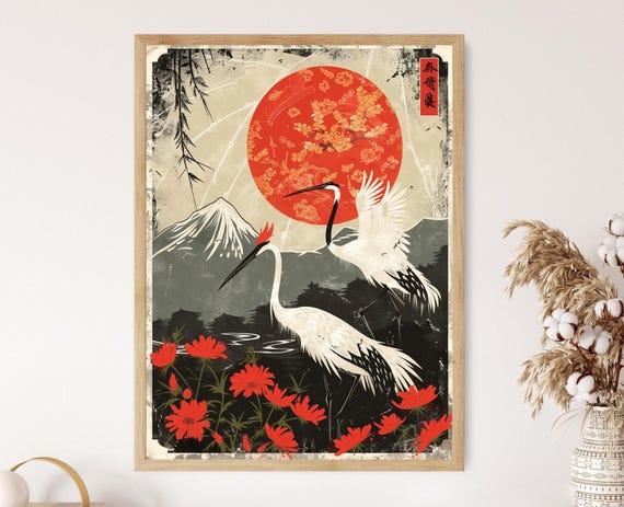 花札アートプリント：日本の鶴と花のデザイン - Etsy 日本