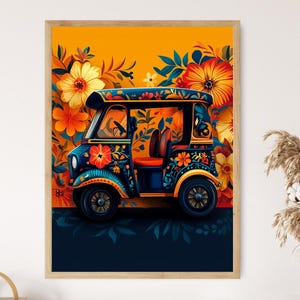 Impresión artística de tuk tuk indio, ilustración vectorial plana, decoración colorida de auto rickshaw