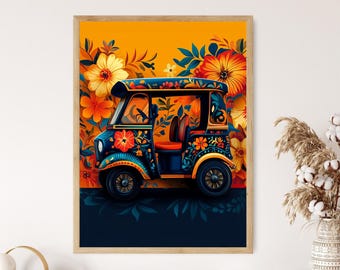May include: A blue and gold auto rickshaw decorated with colorful floral patterns against a yellow background with orange and red flowers.