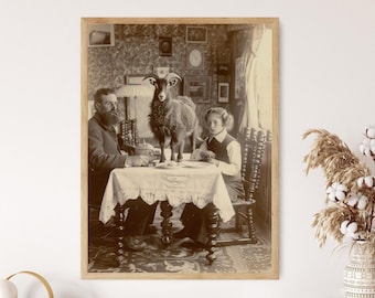 Quirky Victorian Family dining with their Goat, Vintage Comedy Art