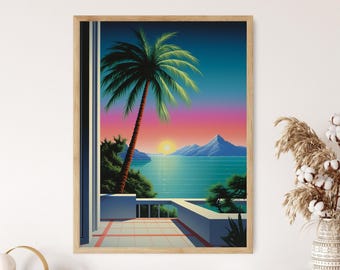 夕焼けのヤシの木のアートプリント：レトロなカリフォルニア沿岸装飾
