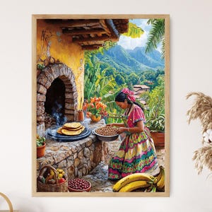 May include: A woman in a colorful dress prepares food outdoors. She is standing near a stone oven and a table with a basket of fruit. The scene is set in a rural area with lush green vegetation and mountains in the background.