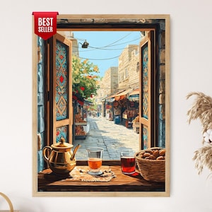 May include: A framed print of a Middle Eastern street scene viewed through an open window. A gold teapot, two glasses of tea, and a basket of nuts sit on the windowsill. The window frames have ornate blue and red patterns. A "Best Seller" tag is in the upper left corner.