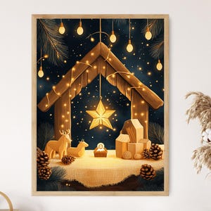 Star of Bethlehem Ornament Print: Rustic Nativity Scene with String Lights