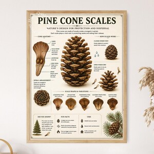 May include: A framed educational poster titled PINE CONE SCALES featuring detailed illustrations of pine cone anatomy, spiral arrangements, and scale variations. The print includes text explaining how scales function, seed dispersal, and various fun facts.
