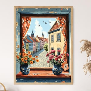 Impresión artística de ventana rústica del casco antiguo de Kaunas, póster de decoración de herencia lituana