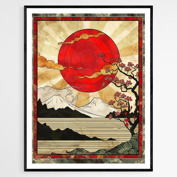 Japanischer Hanafuda Kunstdruck, Sakura Illustration, Wanddekor für Haus und Büro, Einzigartiges Housewarminggeschenk