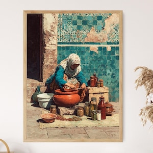 Old Moroccan Woman Cooking Painting, Outdoor Tagine Kitchen Poster, Traditional Berber Food Art Print, Moroccon Restaurant Decor