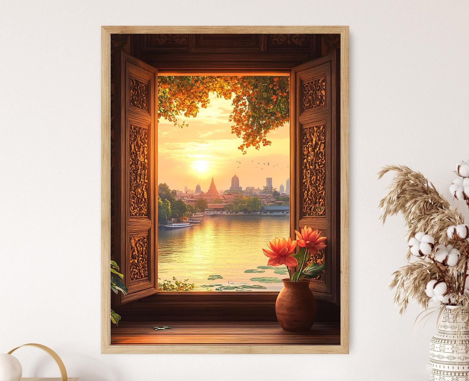 タイのチーク材彫刻アートプリント：ノンタブリーの窓、蓮の花瓶、川の