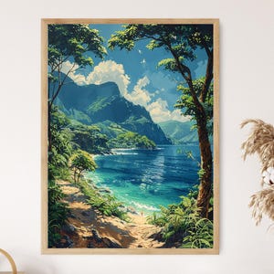 May include: A framed art print depicts a tropical coastal scene. The artwork showcases a turquoise ocean, a sandy path, and lush green vegetation. Mountains and a blue sky with fluffy clouds complete the landscape. The frame is made of light-colored wood.