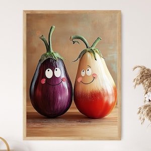 Arte de berenjena y tomate riendo, impresión de amigos vegetales divertidos