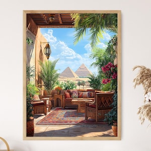 May include: A patio setting with wicker furniture and colourful cushions, overlooking a view of two pyramids in the distance. The patio is decorated with potted plants and a hanging lantern.