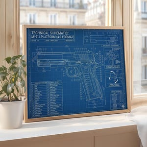 M1911 Platform Blueprint, Technical Gun Illustration, Firearm Decor