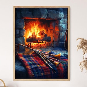 May include: A framed print depicts a cozy fireplace scene. A roaring fire illuminates the stone hearth. A plaid blanket and bagpipes rest in front of the fire. The bagpipes are brown and gold. The blanket is red, blue, and yellow.