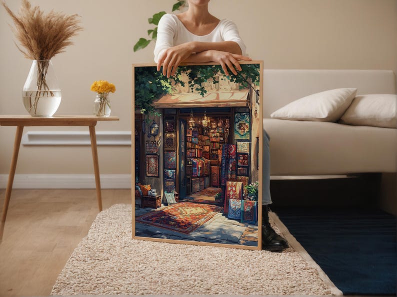 Islamabad Souvenir Shop Art Print, Pashmina Scarf Decor Poster, Hand-Knotted Carpet Illustration image 3