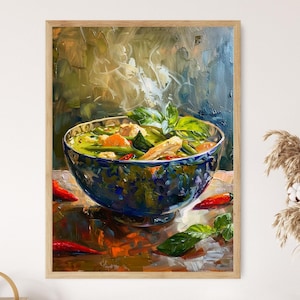 Thai Green Curry Art Painting, Vibrant Authentic Thai Cuisine Wall Decor, Food Lover Gift, Kitchen Artwork, Asian Culinary Illustration
