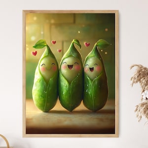 Ilustración de guisantes en vaina, arte de cocina con amigos vegetarianos divertidos