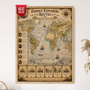 Mapa com rotas de exploradores famosos, cartografia de viagens históricas, arte de parede vintage sobre exploração.