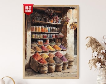 May include: A framed print of a spice market scene. The artwork depicts a shop filled with colorful spices in baskets and jars. The image has a warm, inviting color palette with a "Best Seller" sticker in the upper left corner.