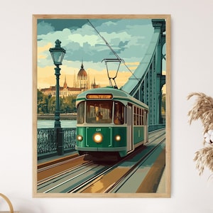 Poster del tram del Ponte della Libertà di Budapest, stampa artistica di una scena della città ungherese, dipinto urbano vettoriale piatto