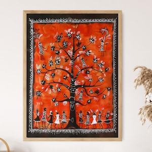 May include: A framed painting of a tree of life with a red background and black figures. The figures are dancing around the tree and there are white details on the branches.
