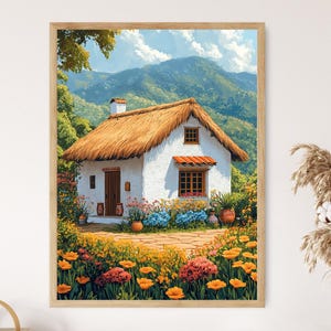 May include: A framed print of a quaint white cottage with a thatched roof, nestled amidst vibrant flowers and lush greenery. The artwork depicts a serene landscape with rolling hills and a clear blue sky, evoking a sense of tranquility.