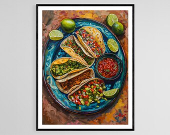 カラフルなタコス皿アート、メキシコ料理の絵画、メキシコ料理