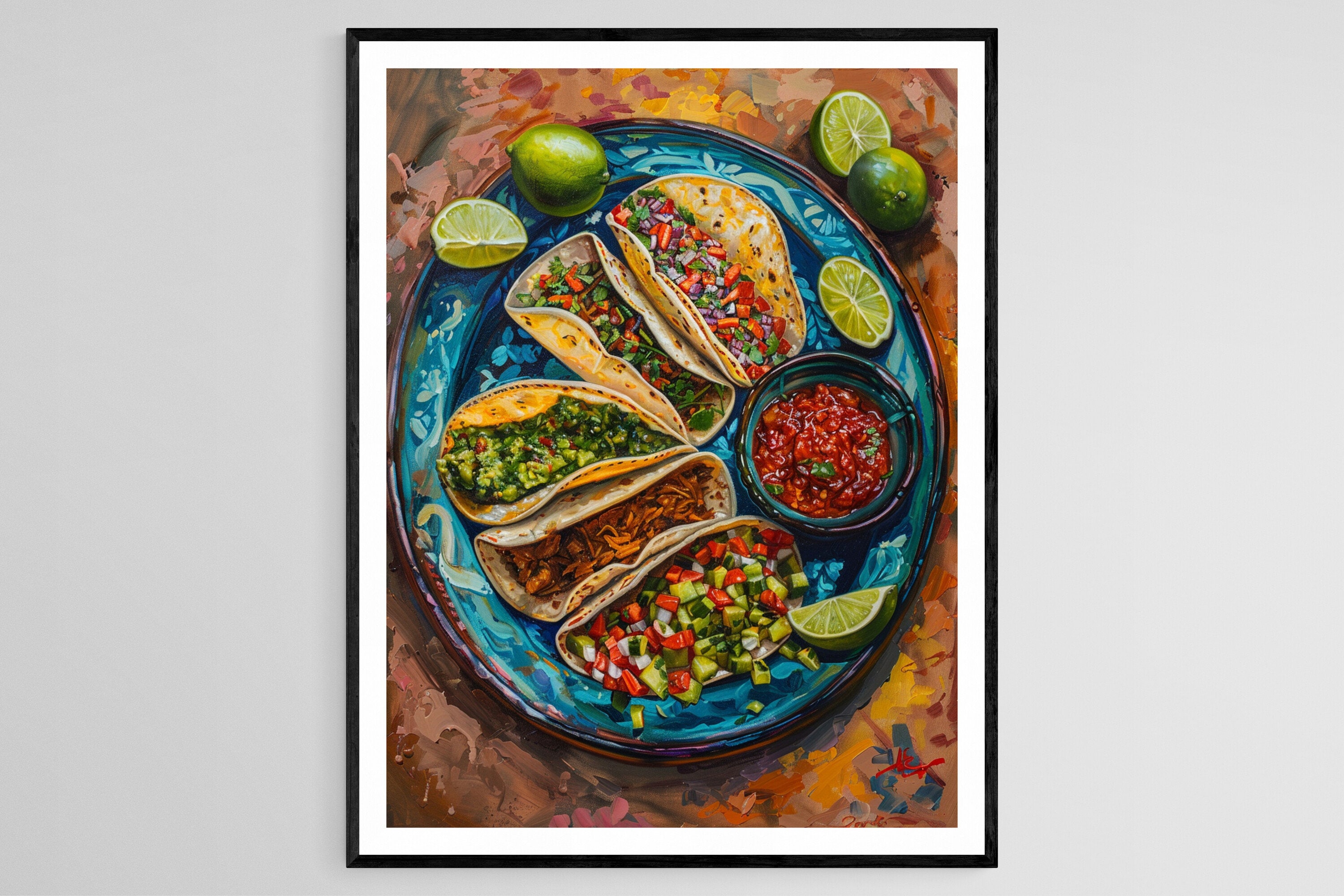 カラフルなタコス皿アート、メキシコ料理の絵画、メキシコ料理