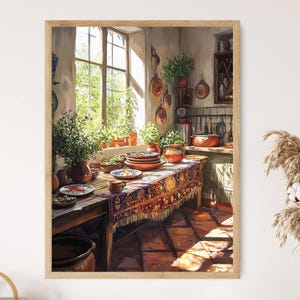 Stampa artistica di cucina pakistana, poster decorativo con tovaglia Ajrak, illustrazione di piatto in ceramica