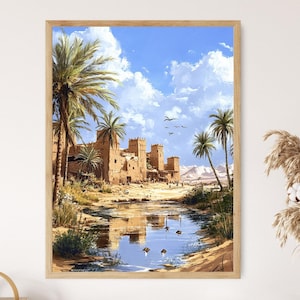 May include: A painting of a desert landscape with a small village of buildings in the distance. Palm trees are in the foreground and a small stream of water flows through the scene. The sky is blue with white clouds.
