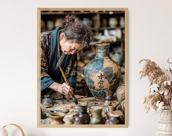 Kintsugi Meister Illustration: Japanischer Töpfer, Goldene Reparatur Poster