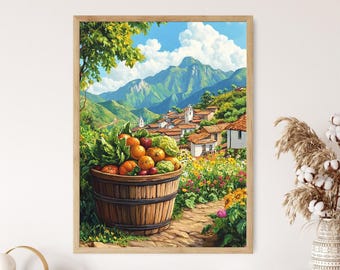 Colombian Farm Style, Wooden Basket with Harvest Art Print