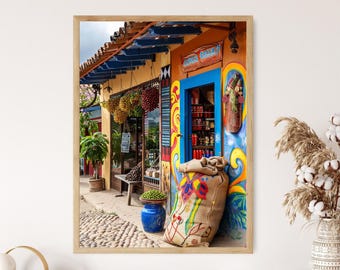 Escena colorida de cafeterías colombianas, ambiente de cafetería