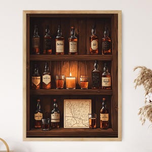 Ilustración de estantería de bourbon de Kentucky con vasos y mapa de la destilería, arte rústico de pared para bar para amantes del whisky.