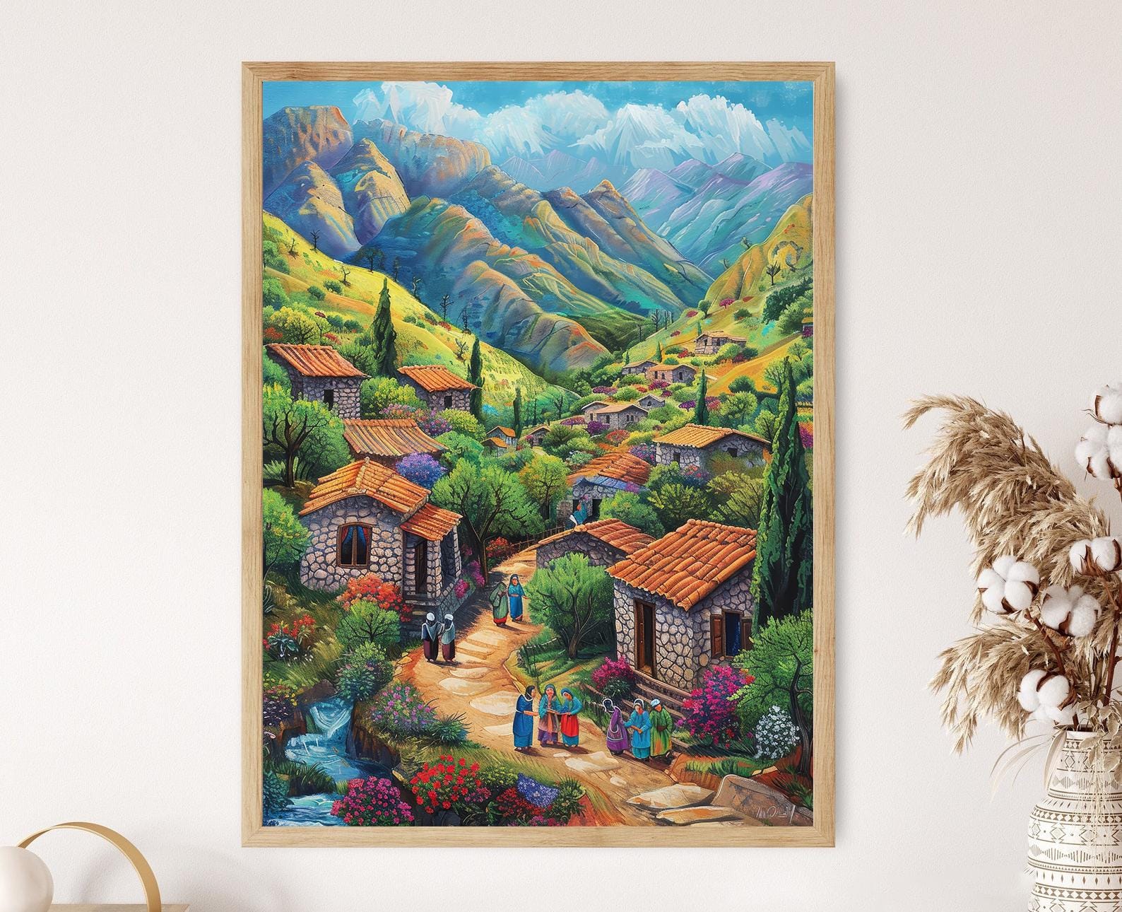 バリ絵画:title 風景画(parahyangan village) バリ絵画 - アジアン家具とリゾートインテリアBarong（バロン）