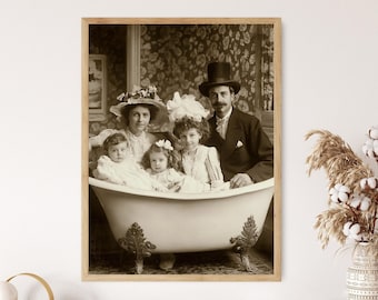 Victorian Family Posing in Bathtub, Funny Vintage Bathroom Art