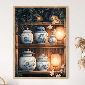 May include: A framed print featuring a bamboo shelf displaying blue and white porcelain jars with lids. Two paper lanterns are lit, and greenery and flowers are arranged around the shelf. The jars have dragon and floral designs.