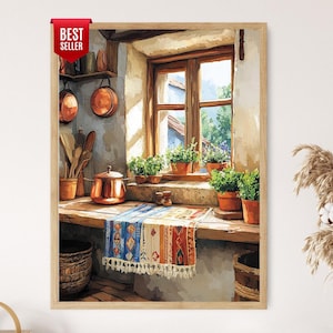 Könnte beinhalten: Ein gerahmter Aquarelldruck einer rustikalen Küchenszene. Kupferkessel und Utensilien hängen in der Nähe eines Fensters mit Topfkräutern. Ein farbenfroher Läufer liegt auf einer Holztheke. Der Druck hat ein "BEST SELLER"-Etikett.
