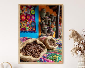 Impresión artística de cafetería colombiana: decoración de pared vibrante para cafetería